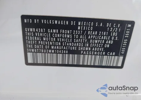 2021 Volkswagen Jetta Gli 2.0T Autobahn/2.0T S z USA, uszkodzony, nr VIN 3VW6T7BU2MM104368